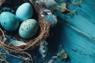 Fototapeta na wymiar nest with blue eggs on a blue table. Generative AI