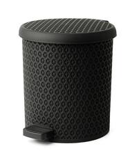 Plastic trash can with lid on white background