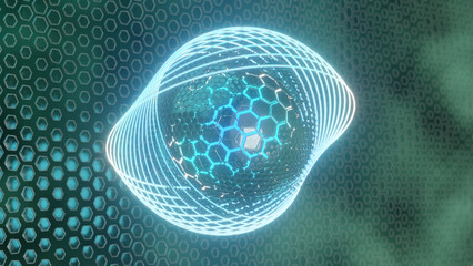 3d rendering. Abstract illustration of a geometric background of hexagons. A fantastic sphere of metal hexagons is surrounded by shining neon rings. The energy of the atom.