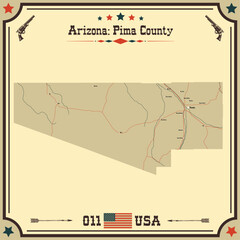 Large and accurate map of Pima County, Arizona, USA with vintage colors.