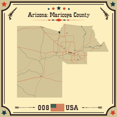 Large and accurate map of Maricopa County, Arizona, USA with vintage colors.