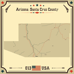 Large and accurate map of Santa Cruz County, Arizona, USA with vintage colors.