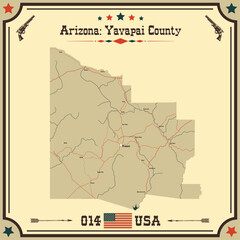 Large and accurate map of Yavapai County, Arizona, USA with vintage colors.