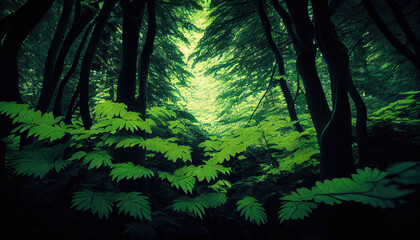 Naklejka premium forest in the spring, green wilderness woods landscape - by generative ai