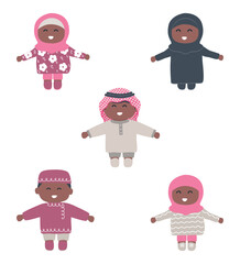 Arab children. Set. Baby girls and baby boys. Cute cartoon characters. Vector illustration