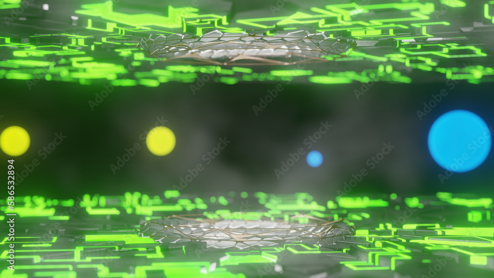 Poster 3d rendering. abstract illustration of a set of geometric objects in neon green light. glowing spher