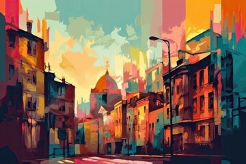 Naklejka premium bustling city street with towering buildings and busy pedestrians. Generative AI