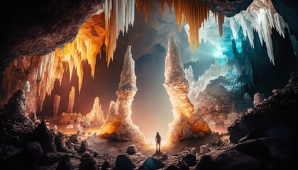 Naklejka premium A Rays of Colorful Hope with a Crystal Cave Scene Generated by AI