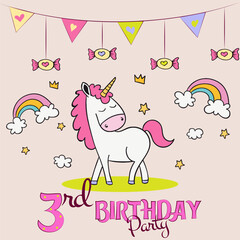 happy birthday card with horse, birthday card with horse, birthday party invitation with baby unicorn, hand drawn unicorn poster design, 3rd birthday