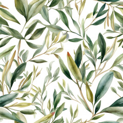 Seamless watercolor pattern with olive tree branches. Floral illustration background. Generated AI