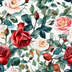 Seamless watercolor pattern with roses of different colors. Floral illustration background. Generated AI