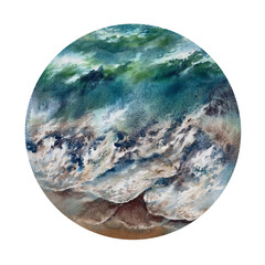 Stormy sea view in bubble shape watercolor background.