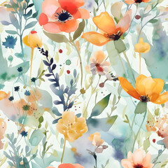 Seamless watercolor pattern with summer flowers. Floral illustration background. Generated AI