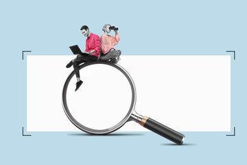 A young woman with a binoculars and man with a laptop is sitting on a big magnifying glass. Art...