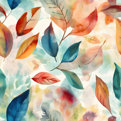 Seamless watercolor pattern with colorful leaves. Floral illustration background. Generated AI