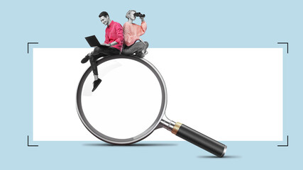 A young woman with a binoculars and man with a laptop is sitting on a big magnifying glass. Isolated free PNG search area. Team ist Searching for information on the internet concept. - obrazy, fototapety, plakaty
