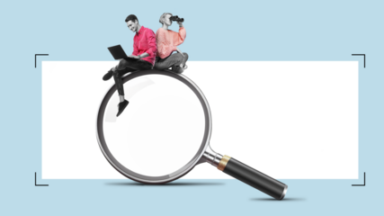 A young woman with a binoculars and man with a laptop is sitting on a big magnifying glass. Isolated free PNG search area. Team ist Searching for information on the internet concept.