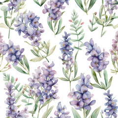 Seamless watercolor pattern with lavender. Floral illustration background. Generated AI