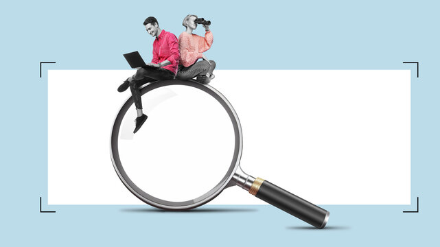 A young woman with a binoculars and man with a laptop is sitting on a big magnifying glass. Isolated free PNG search area. Team ist Searching for information on the internet concept.