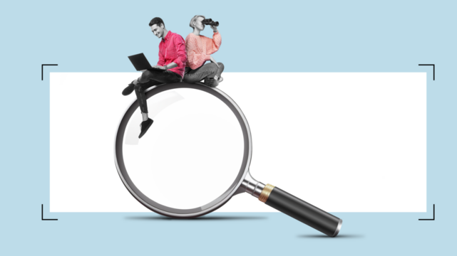 A young woman with a binoculars and man with a laptop is sitting on a big magnifying glass. Isolated free PNG search area. Team ist Searching for information on the internet concept.
