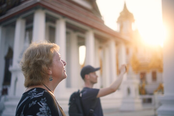 Portrait of seniror woman and adult man while admiring architecture of Buddhist temple in Bangkok....