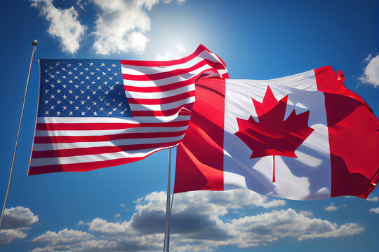 American and canadian flags over blue sky concept. Generative Ai