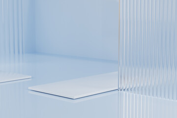 light blue board glass window product display stand, luxury cosmetics showcase advertising concept, 3d rendering illustration