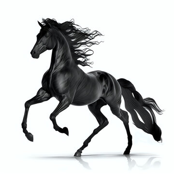 Wunderschönes schwarzes Pferd galoppiert, atemberaubende Illustration generiert von KI, basiert nicht auf einem Originalbild, Charakter oder einer Person.