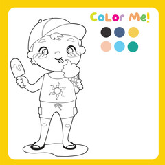 Colour me: colouring page kids doing the summer activities on the beach. A cute little boy eating ice cream, enjoying summer on the beach. Coloring activity. Vector file.