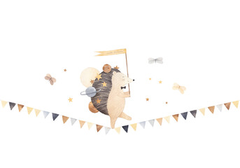 Hedgehog walks on a garland of flags. Watercolor illustration. Circus show.