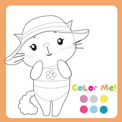 Colour me: Colouring page with summer theme. Cute white cat wearing bikini and beach hat. Coloring activity. Vector file.