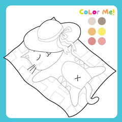 Colouring page with summer theme. A cute and kawaii cat sleeping on the beach. Coloring activity. Vector file.