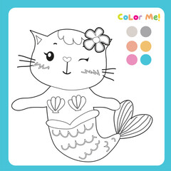 Color me: colouring page with summer theme. Cute and kawaii cat mermaid. Coloring activity. Vector file.
