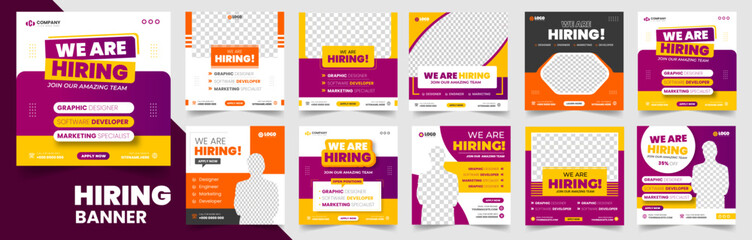 We are hiring job vacancy social media post banner design set template with. We are hiring job vacancy square web banner design bundle. Hiring banner set. Hiring Banner bundle.