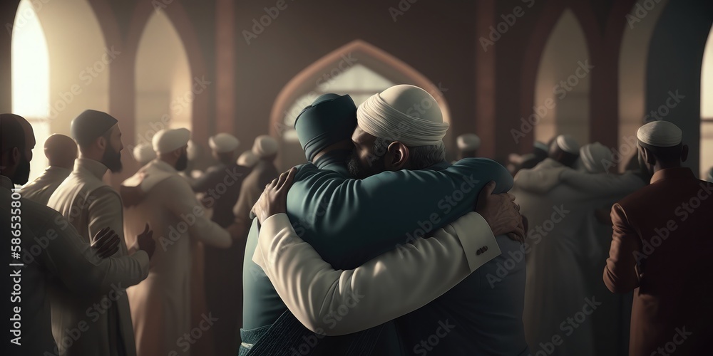 Wall mural muslim men occasionally embrace and welcome to each other after eid prayers, muslim arabic brothers 