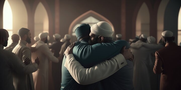 Muslim men occasionally embrace and welcome to each other after Eid prayers, Muslim Arabic brothers get together.  Generative Ai.