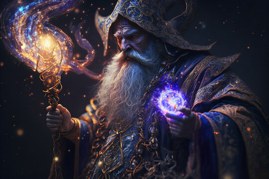 In a fantastical realm of dragons and knights, a powerful wizard stands in the midst of mystical ritual.wizard's robes and swirling magic around him. high fantasy, rich colors and ornate designs. Ai