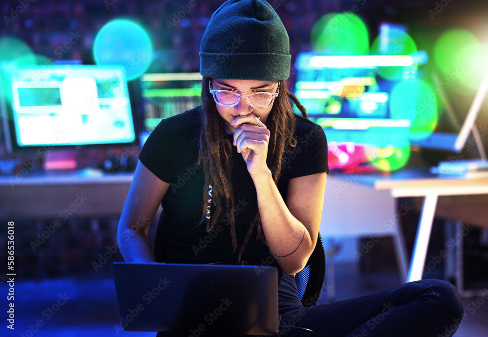 Aufkleber Laptop, woman and hacker thinking in home for programming, software or cybersecurity. Neon, computer and female coder or programmer reading information for hacking idea while on dark web at night.