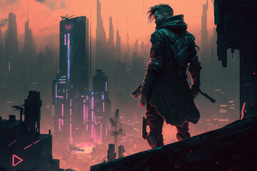 In futuristic cityscape, rebel leader stands atop building, surveying chaos below. cyberpunk with neon lights and advanced technology. dark and moody, with sense of danger and rebellion in the air. Ai