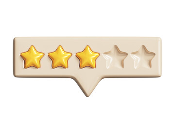 Speech bubble with three golden rating stars. Yellow reviews stars on tooltip UI element, 3D render. Customer feedback or customer review concepts. PNG with transparent background and alpha channel