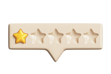 Speech bubble with one golden rating star. Yellow review star on tooltip UI element, 3D render. Customer feedback or customer review concepts. PNG with transparent background and alpha channel