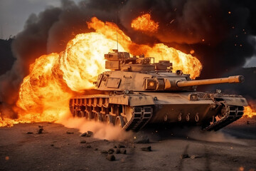 Fototapeta na wymiar Military tank in fire, digital illustration painting, industries, military