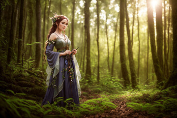 Fototapeta premium Beautiful inhabitant of the forest, mythical character of fairy tales and fantasy, nymph, fairy, naiad. Generative AI