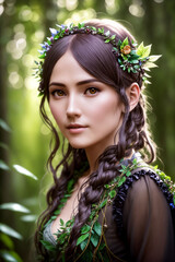 Naklejka premium Beautiful inhabitant of the forest, mythical character of fairy tales and fantasy, nymph, fairy, naiad. Generative AI