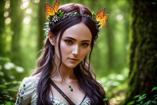 Beautiful inhabitant of the forest, mythical character of fairy tales and fantasy, nymph, fairy, naiad. Generative AI