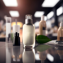 Mock-up of blank cosmetic bottle on table in a shop. AI generative.