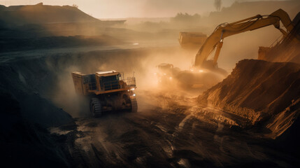 Heavy Machinery at Work in a Quarry, Illuminated Lights Amidst Dusty Excavation Operations, Generative AI