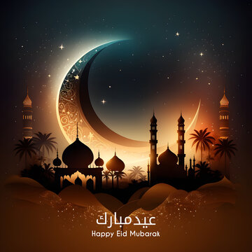 Eid mubarak islamic background beautiful mosque and night sky view
