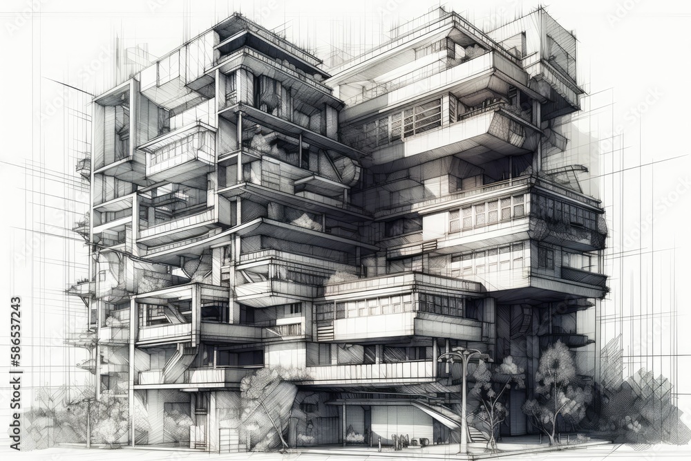 Poster multi-storey building with an array of balconies overlooking the street. generative ai