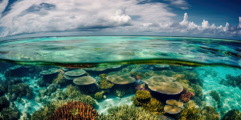 Fototapeta na wymiar Karibik Insel aus Sicht eines Schnorchlers im Meer mit Riff und Korallen Südsee Malediven Seychellen (Generative AI) Digital Art Kunst Hintergrund Wandbild Cover Magazin